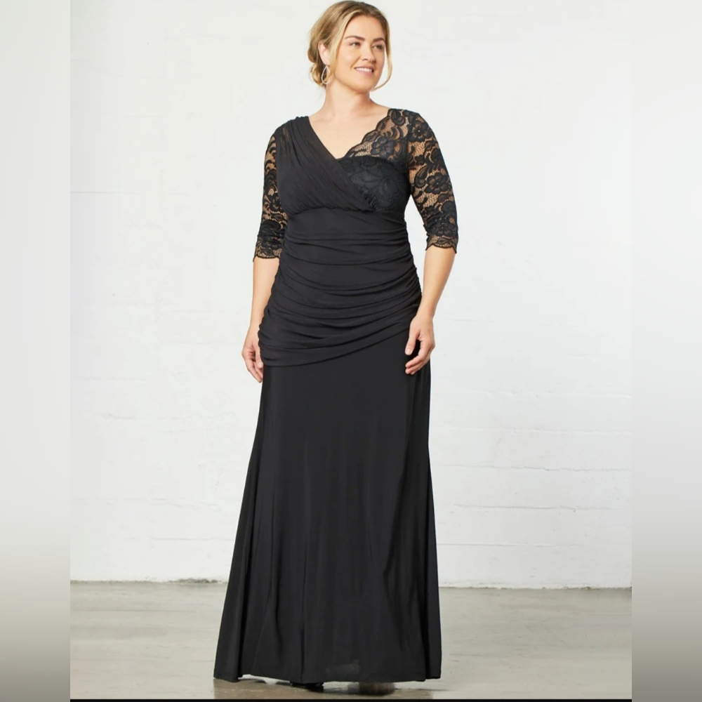 NWT NWOT Kiyonna Womens Soiree Black Lace 3/4 Sleeve Evening Gown PLUS 0X